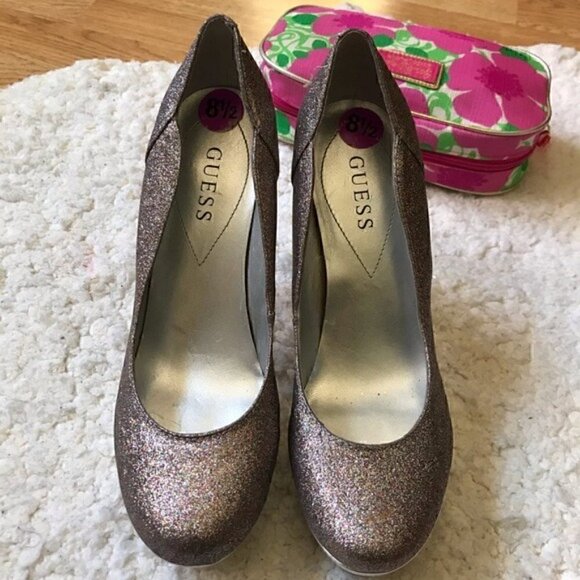 GUESS: Multicolored Rainbow Metallic Glitter Heels Platform Pumps Sz 8.5 - Picture 8 of 14